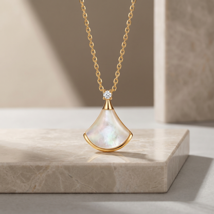 S925 Sterling Silver White Mother-of-Pearl Fan Necklace | 18K Gold Plated |