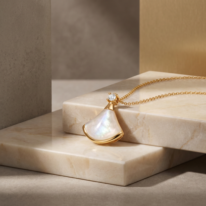 S925 Sterling Silver White Mother-of-Pearl Fan Necklace | 18K Gold Plated |