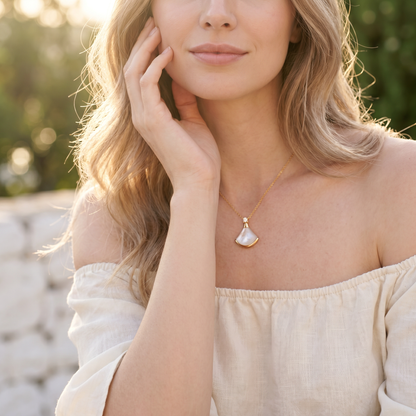S925 Sterling Silver White Mother-of-Pearl Fan Necklace | 18K Gold Plated |