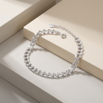 Shiny S925 Sterling Silver Wavy Link Bracelet | Double Chain Bangle