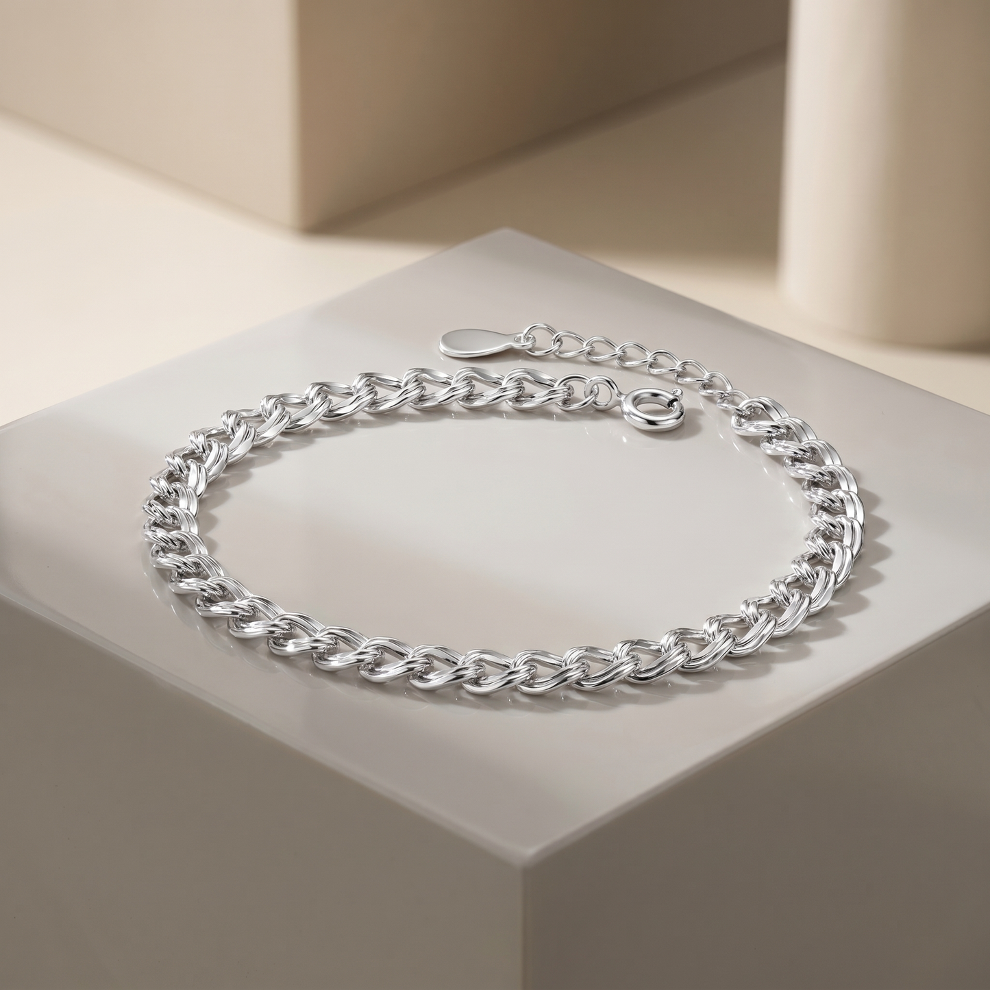 Shiny S925 Sterling Silver Wavy Link Bracelet | Double Chain Bangle