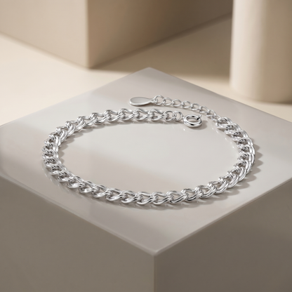 Shiny S925 Sterling Silver Wavy Link Bracelet | Double Chain Bangle