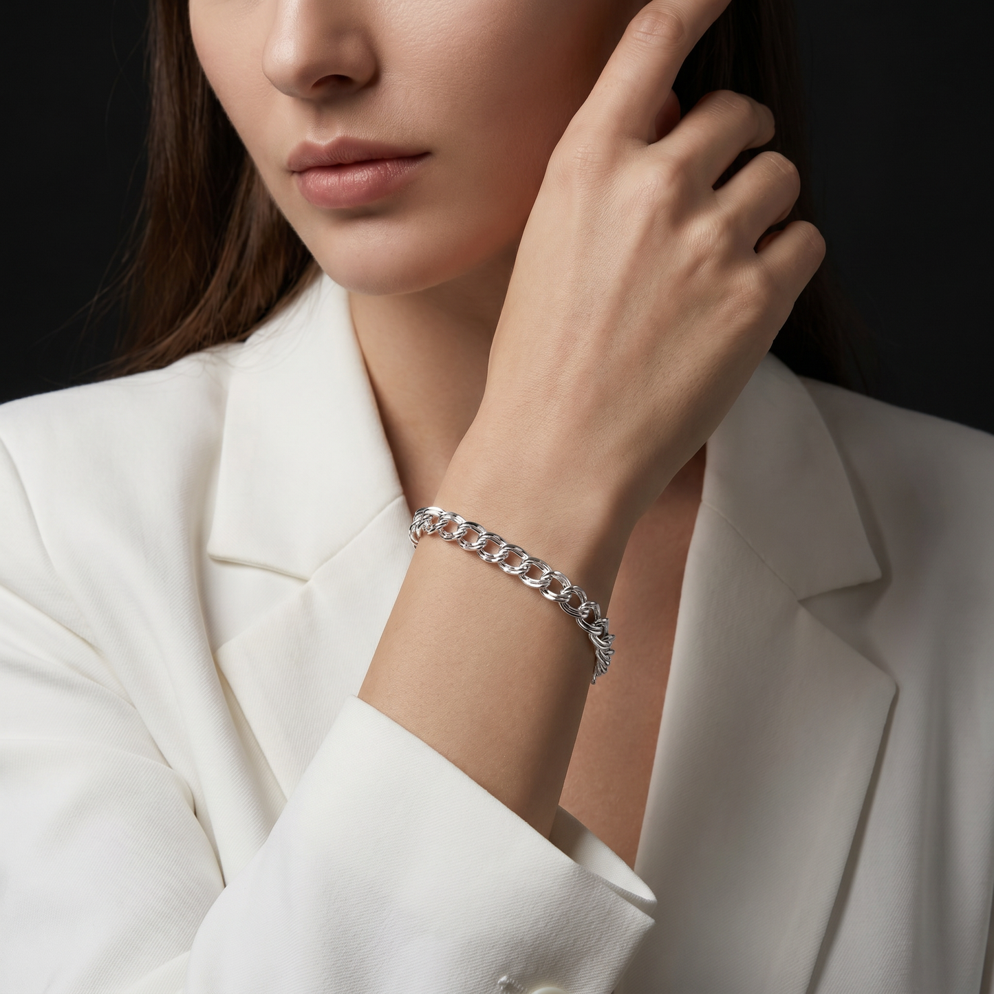 Shiny S925 Sterling Silver Wavy Link Bracelet | Double Chain Bangle