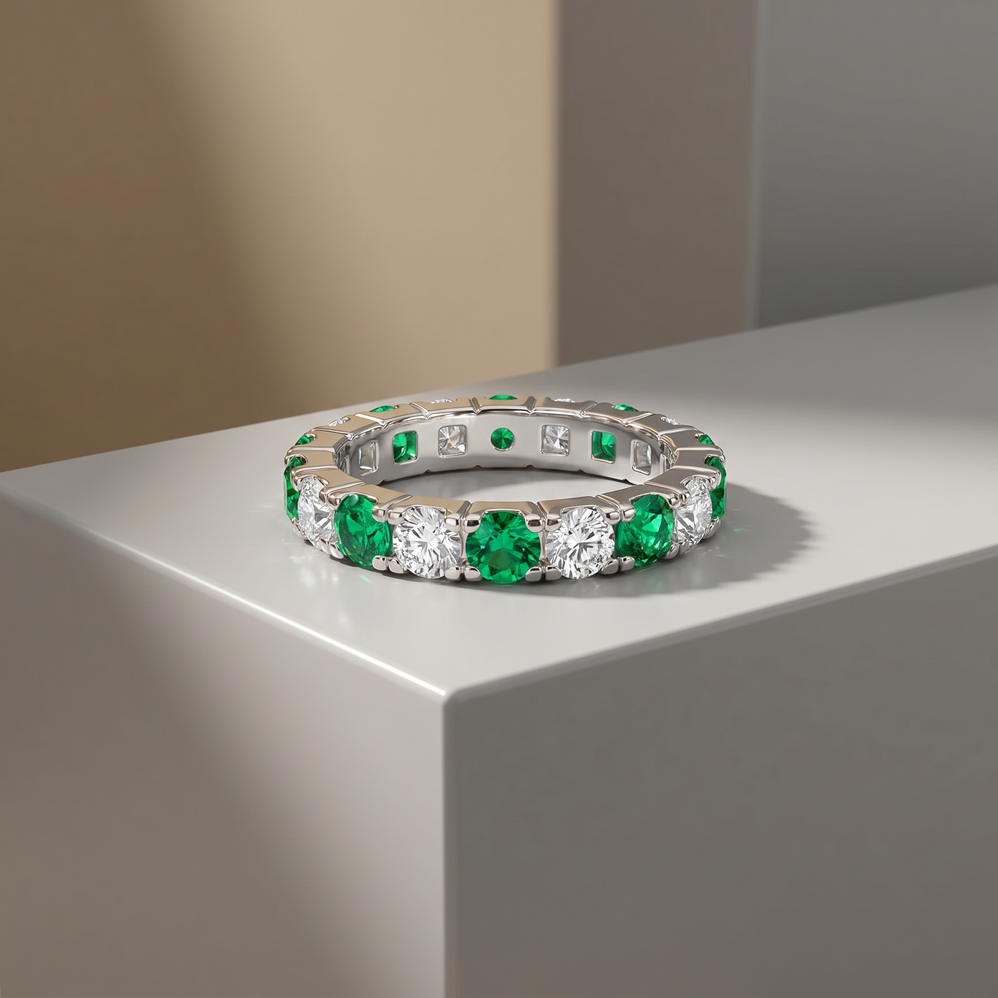 Emerald Green & White Eternity Ring | S925 Sterling Silver Platinum Plated