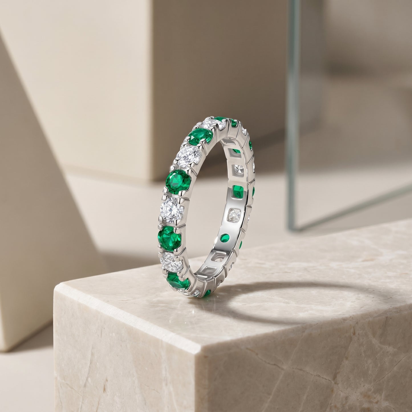 Emerald Green & White Eternity Ring | S925 Sterling Silver Platinum Plated