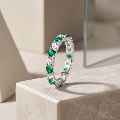 Emerald Green & White Eternity Ring | S925 Sterling Silver Platinum Plated