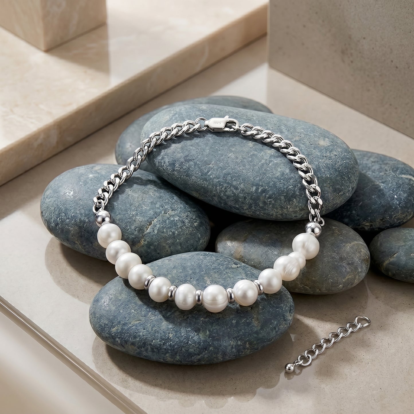 Elegant Pearl Chain Bracelet with Classic Design S925 Sterling Silver