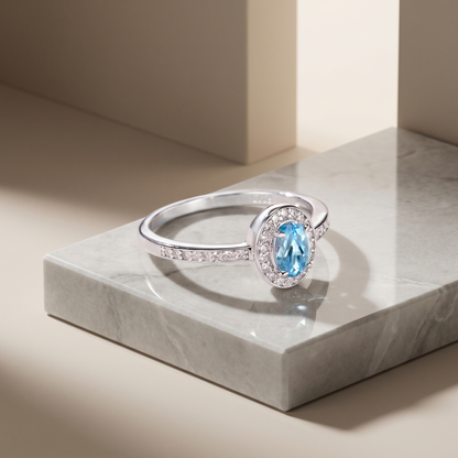 Oval Blue Topaz Halo Ring | S925 Sterling Silver Platinum Plated | Dainty Promise Ring