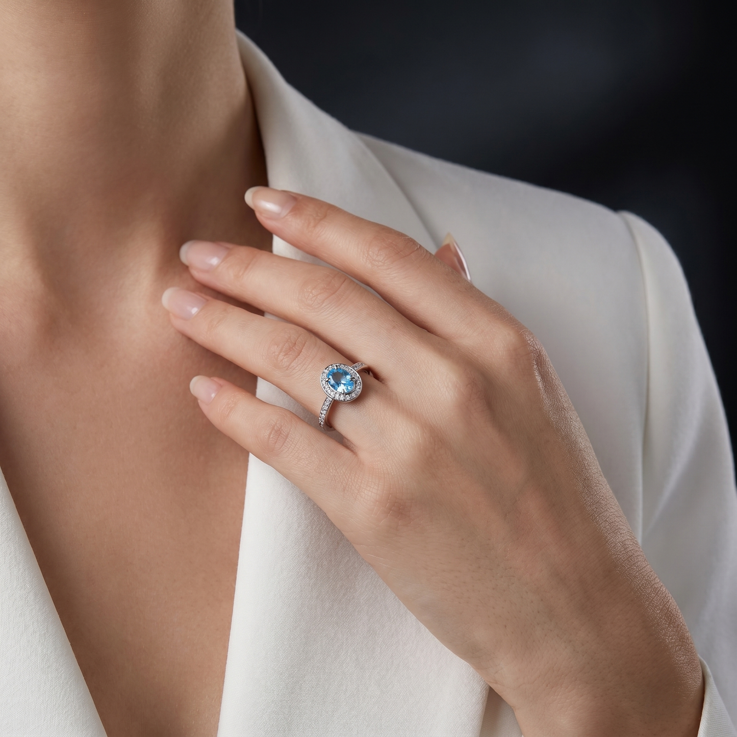 Oval Blue Topaz Halo Ring | S925 Sterling Silver Platinum Plated | Dainty Promise Ring