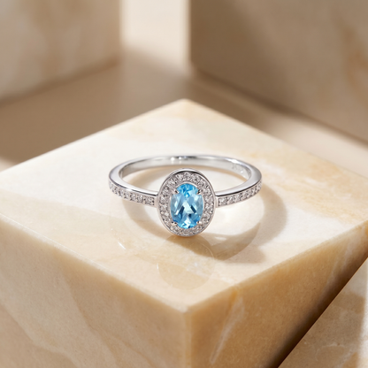Oval Blue Topaz Halo Ring | S925 Sterling Silver Platinum Plated | Dainty Promise Ring