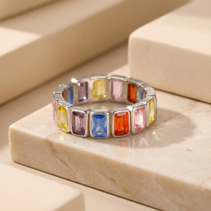 Rainbow Eternity Ring – S925 Sterling Silver Emerald-Cut Gemstone Band