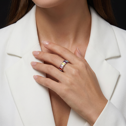 Rainbow Eternity Ring – S925 Sterling Silver Emerald-Cut Gemstone Band