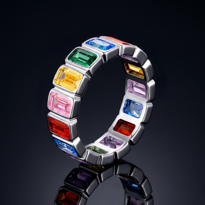 Rainbow Eternity Ring – S925 Sterling Silver Emerald-Cut Gemstone Band