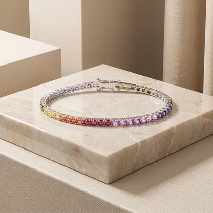 Rainbow Tennis Bracelet – S925 Sterling Silver CZ, 2mm Unisex