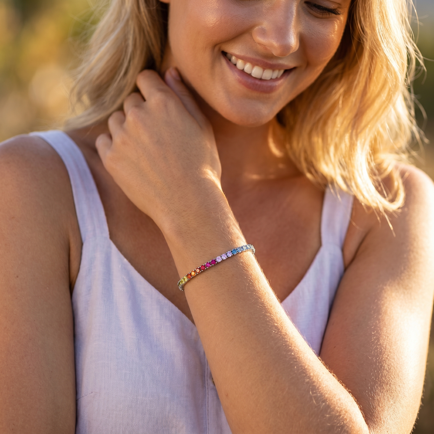 S925 Sterling Silver 5mm Rainbow Lab-Grown Gemstone Tennis Bracelet, Unisex