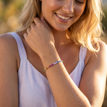 S925 Sterling Silver 5mm Rainbow Lab-Grown Gemstone Tennis Bracelet, Unisex