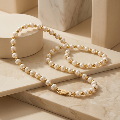 Freshwater Pearl & Gold Bead Necklace – 925 Sterling Silver