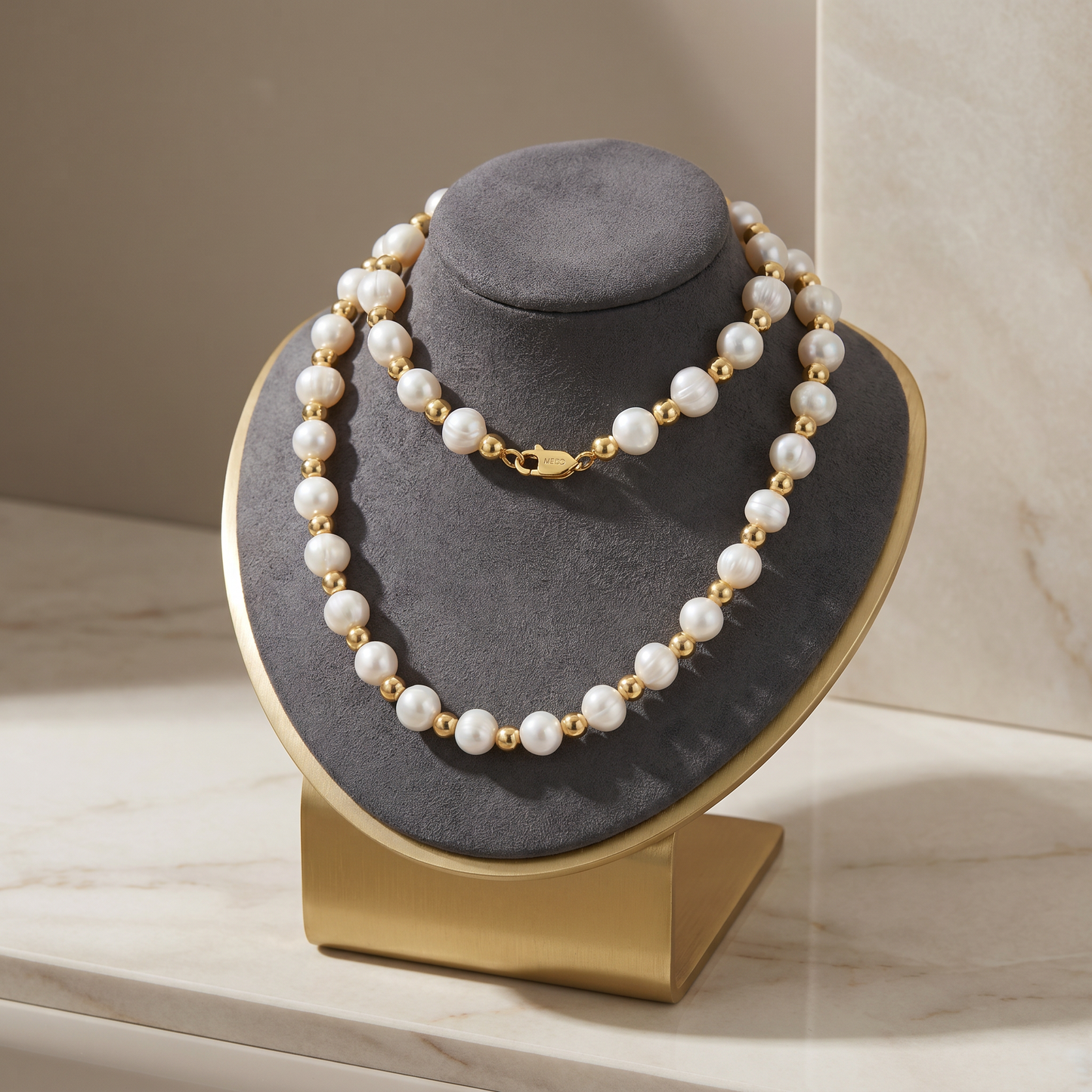 Freshwater Pearl & Gold Bead Necklace – 925 Sterling Silver