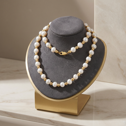 Freshwater Pearl & Gold Bead Necklace – 925 Sterling Silver