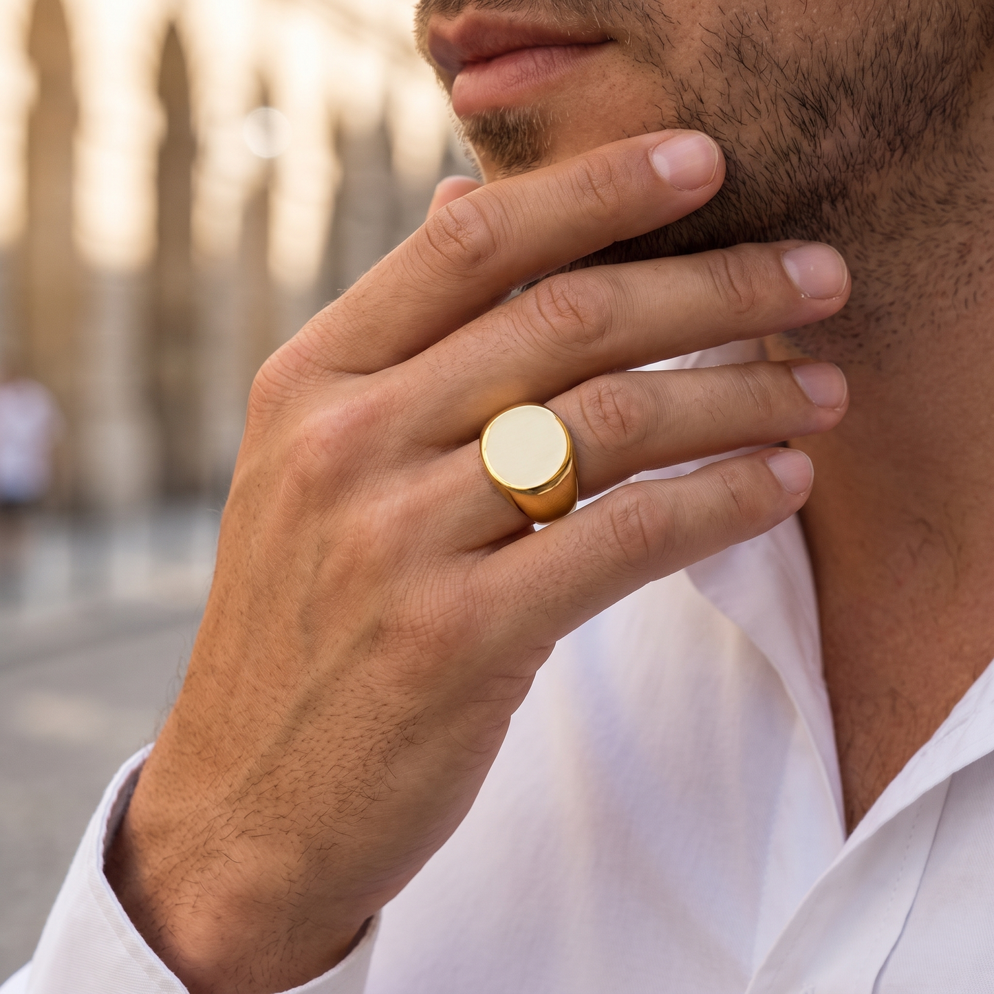 Men's Gold Signet Ring – Polished Stainless Steel, Round Face