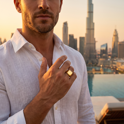 Bold Gold Signet Ring for Men – Square Face, Titanium Steel
