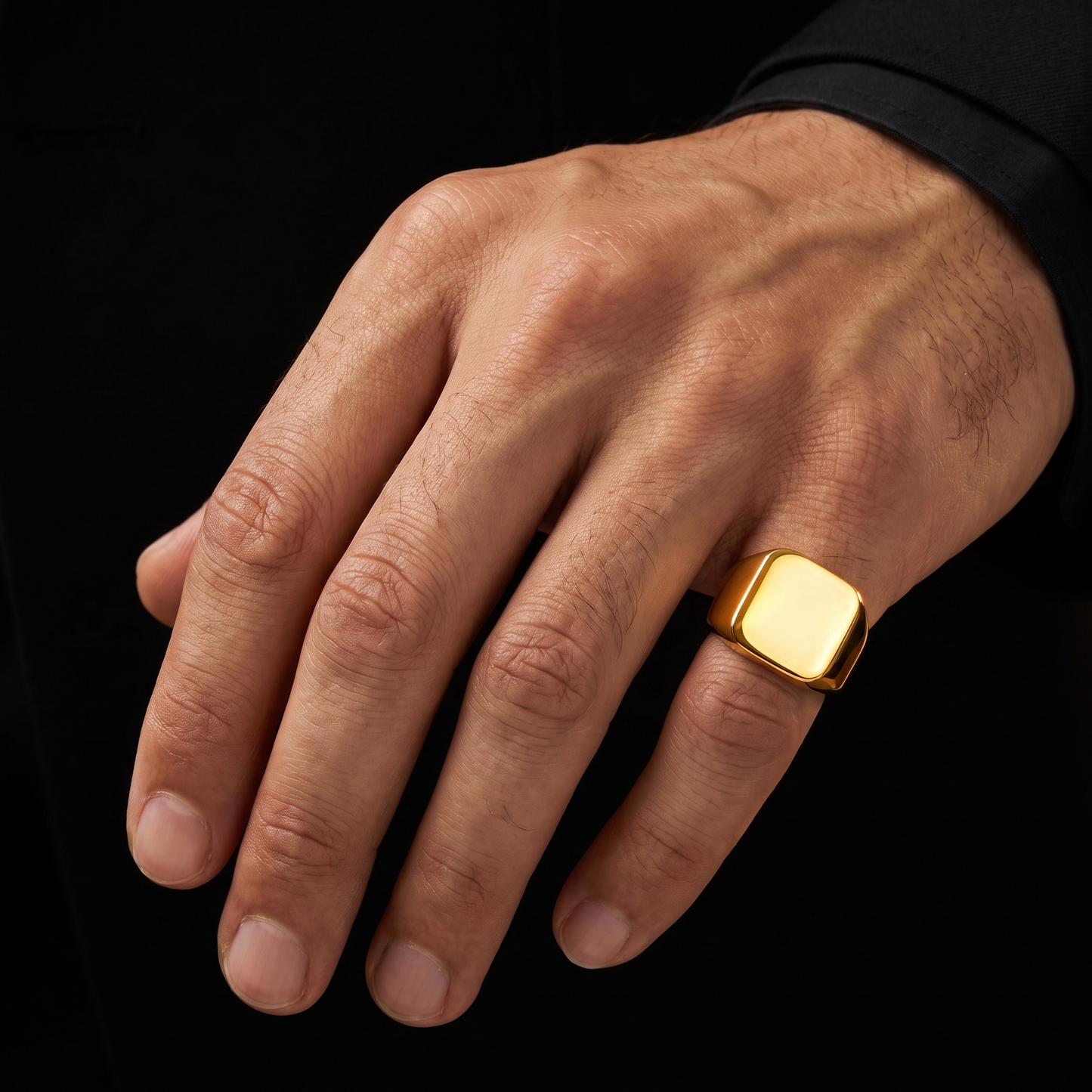 Bold Gold Signet Ring for Men – Square Face, Titanium Steel