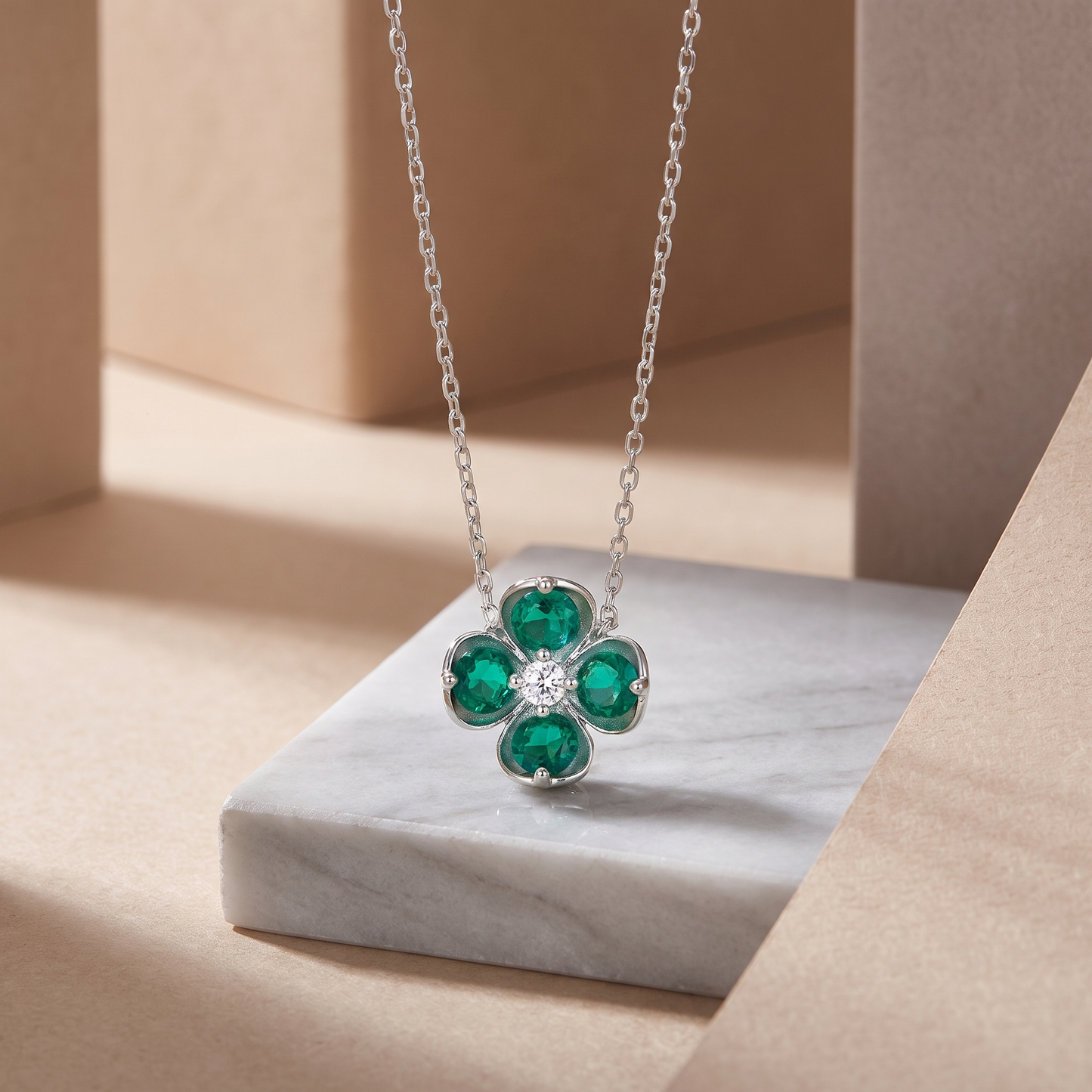 Sterling Silver Clover Pendant Necklace | Lab-Grown Ruby Sapphire Emerald