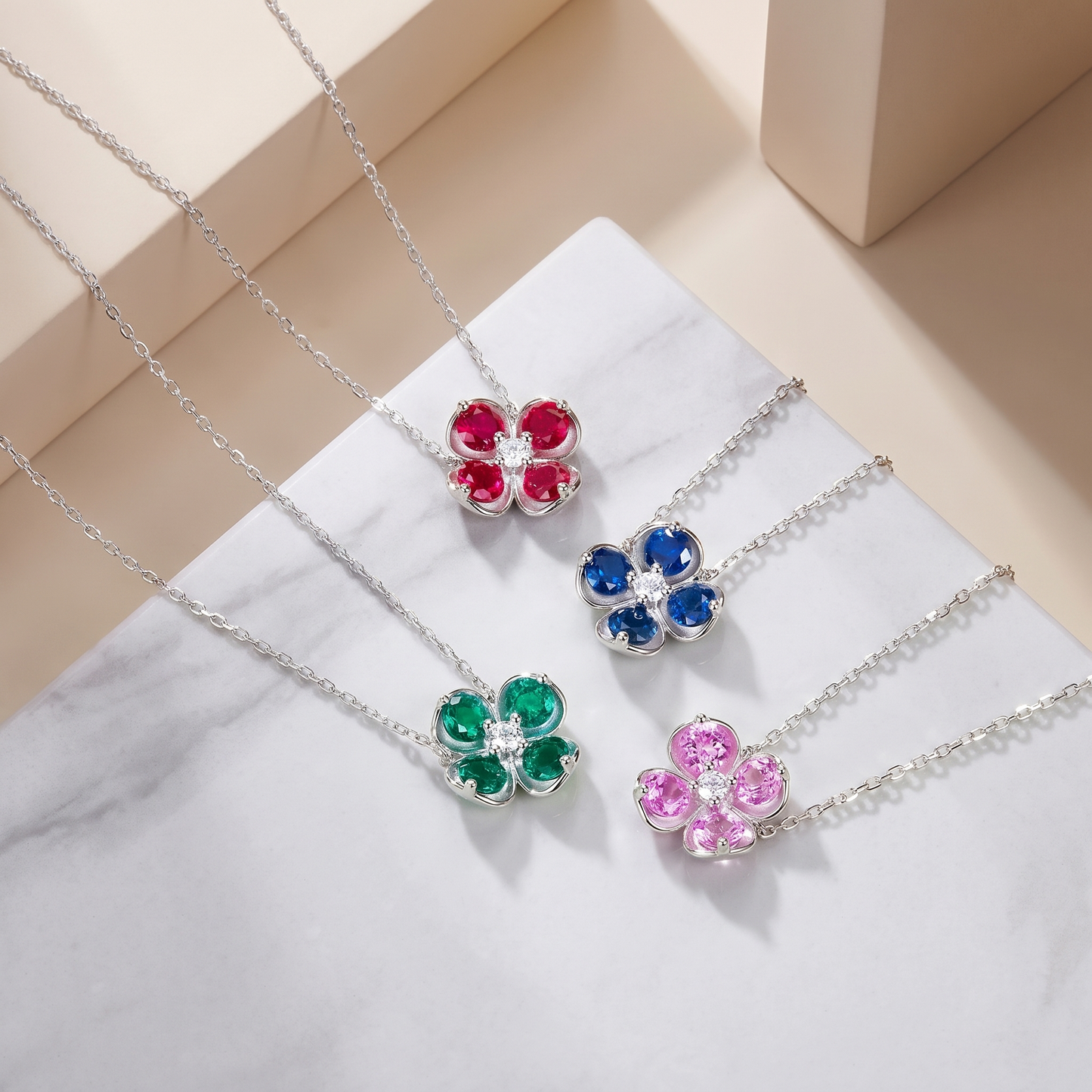 Sterling Silver Clover Pendant Necklace | Lab-Grown Ruby Sapphire Emerald