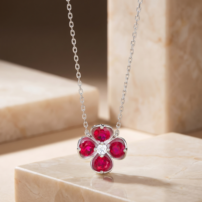 Sterling Silver Clover Pendant Necklace | Lab-Grown Ruby Sapphire Emerald
