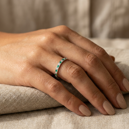 Model wearing Emerald Green & White Eternity Ring in sterling silver