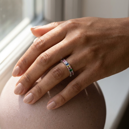 Model wearing Rainbow Eternity Ring in sterling silver