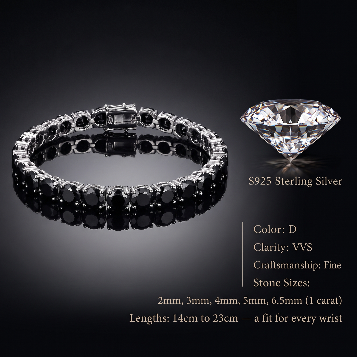 S925 Sterling Silver Tennis Bracelet with Black Moissanite -2mm