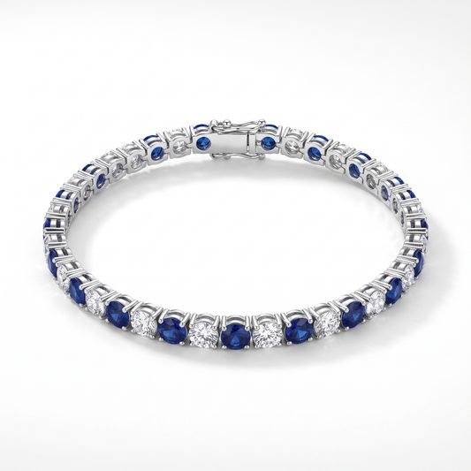 S925 Sterling Silver Lab-Grown Gemstone Tennis Bracelet – Platinum Plated Blue