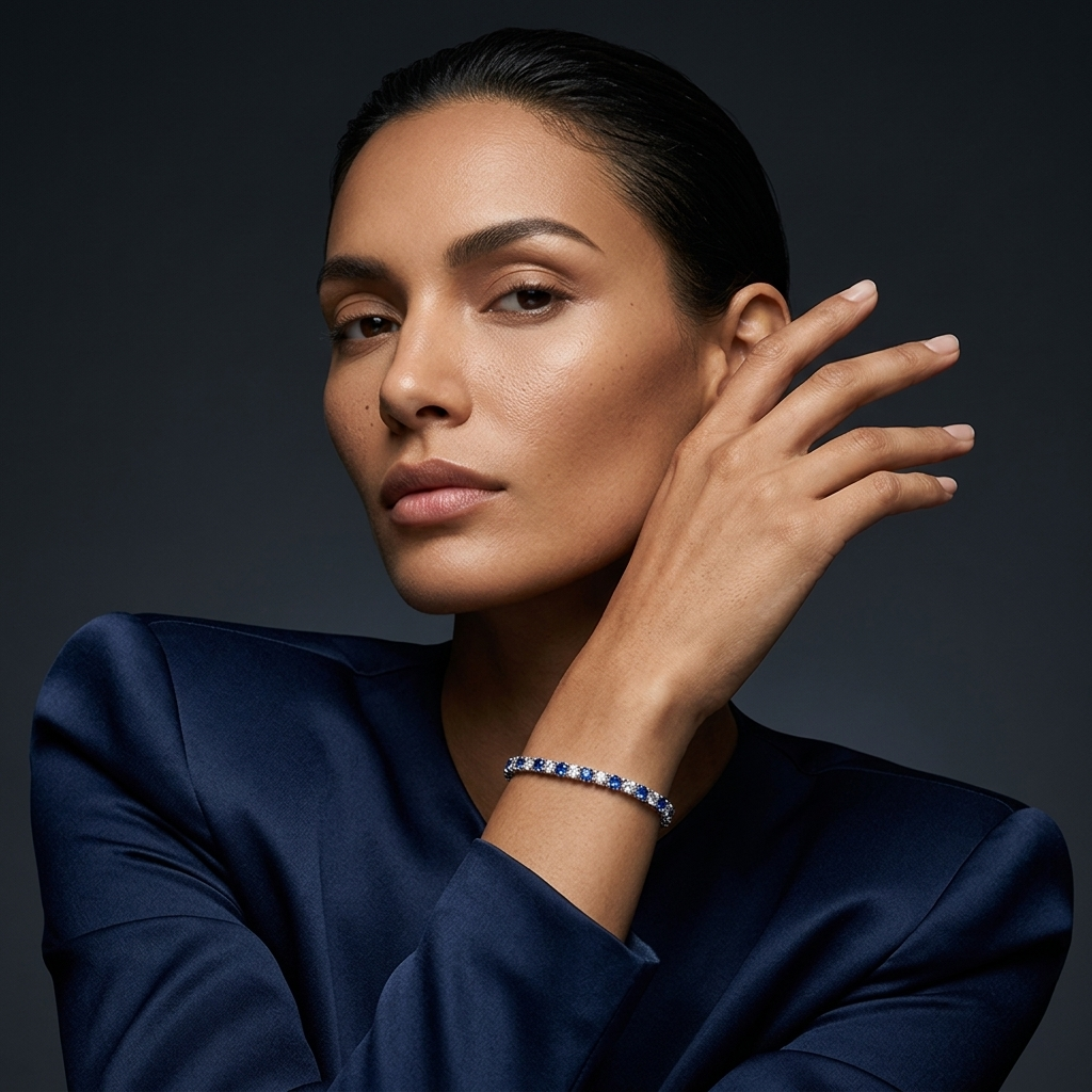 S925 Sterling Silver Lab-Grown Gemstone Tennis Bracelet – Platinum Plated Blue