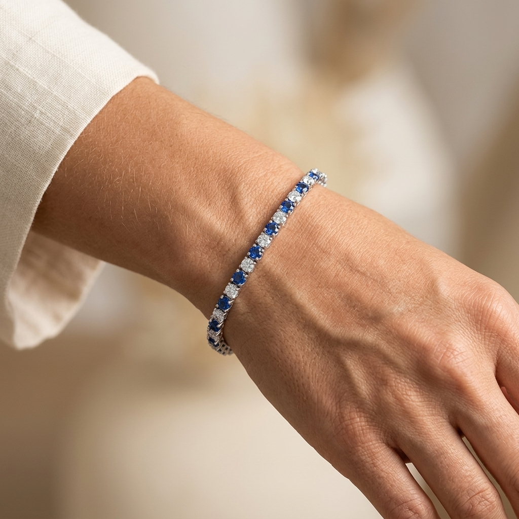 S925 Sterling Silver Lab-Grown Gemstone Tennis Bracelet – Platinum Plated Blue