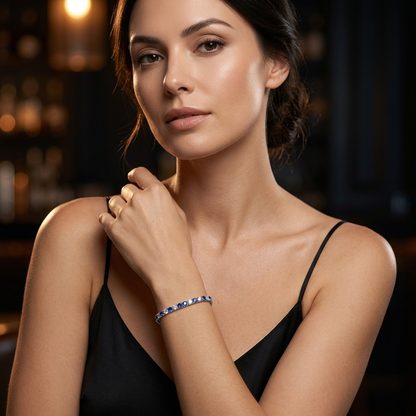 S925 Sterling Silver Lab-Grown Gemstone Tennis Bracelet – Platinum Plated Blue