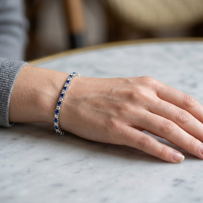 S925 Sterling Silver Lab-Grown Gemstone Tennis Bracelet – Platinum Plated Blue