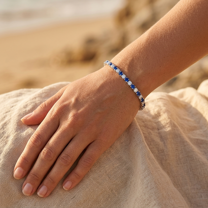 S925 Sterling Silver Lab-Grown Gemstone Tennis Bracelet – Platinum Plated Blue