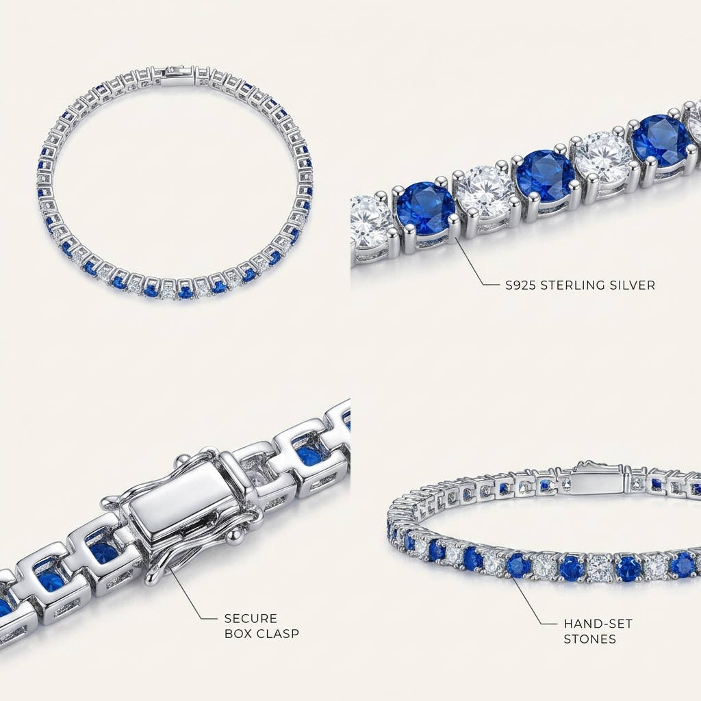 S925 Sterling Silver Lab-Grown Gemstone Tennis Bracelet – Platinum Plated Blue