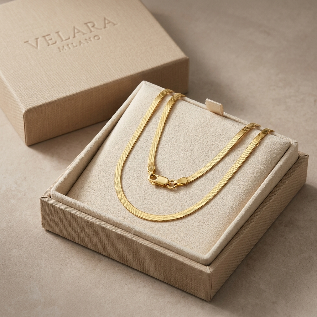 Gold Herringbone Chain Necklace — 925 Sterling Silver