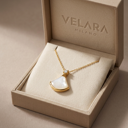 S925 Sterling Silver White Mother-of-Pearl Fan Necklace | 18K Gold Plated |