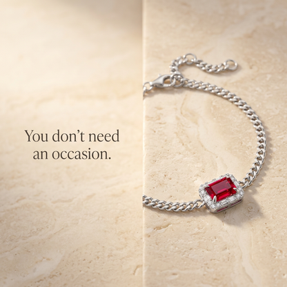 S925 Silver Cuban Link Bracelet with 8x6mm Lab-Grown Ruby