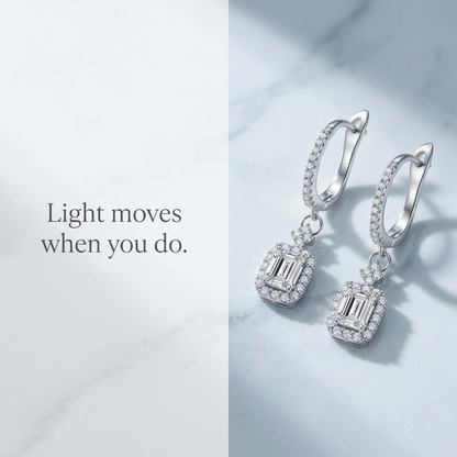 Emerald-Cut Moissanite Halo Drop Earrings | S925 · Silver or Rose Gold
