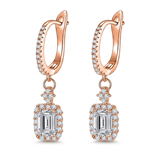 Emerald-Cut Moissanite Halo Drop Earrings | S925 · Silver or Rose Gold