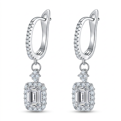 Emerald-Cut Moissanite Halo Drop Earrings | S925 · Silver or Rose Gold