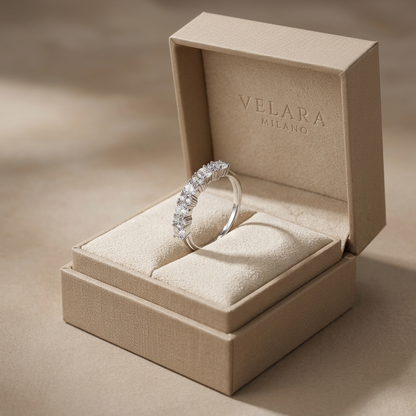 Velara Milano moissanite ring in branded beige linen jewelry box