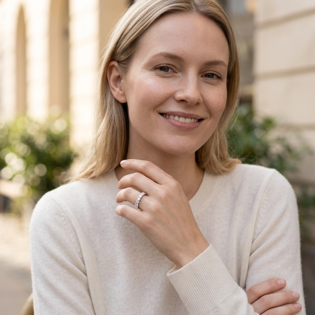 European model wearing Velara Milano moissanite ring, Scandinavian café setting