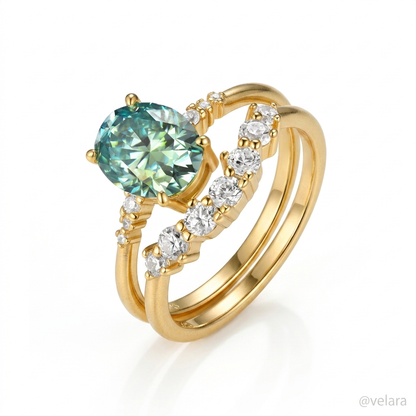 Green Moissanite Oval Bridal Ring Set | Gold-Plated 925 Silver