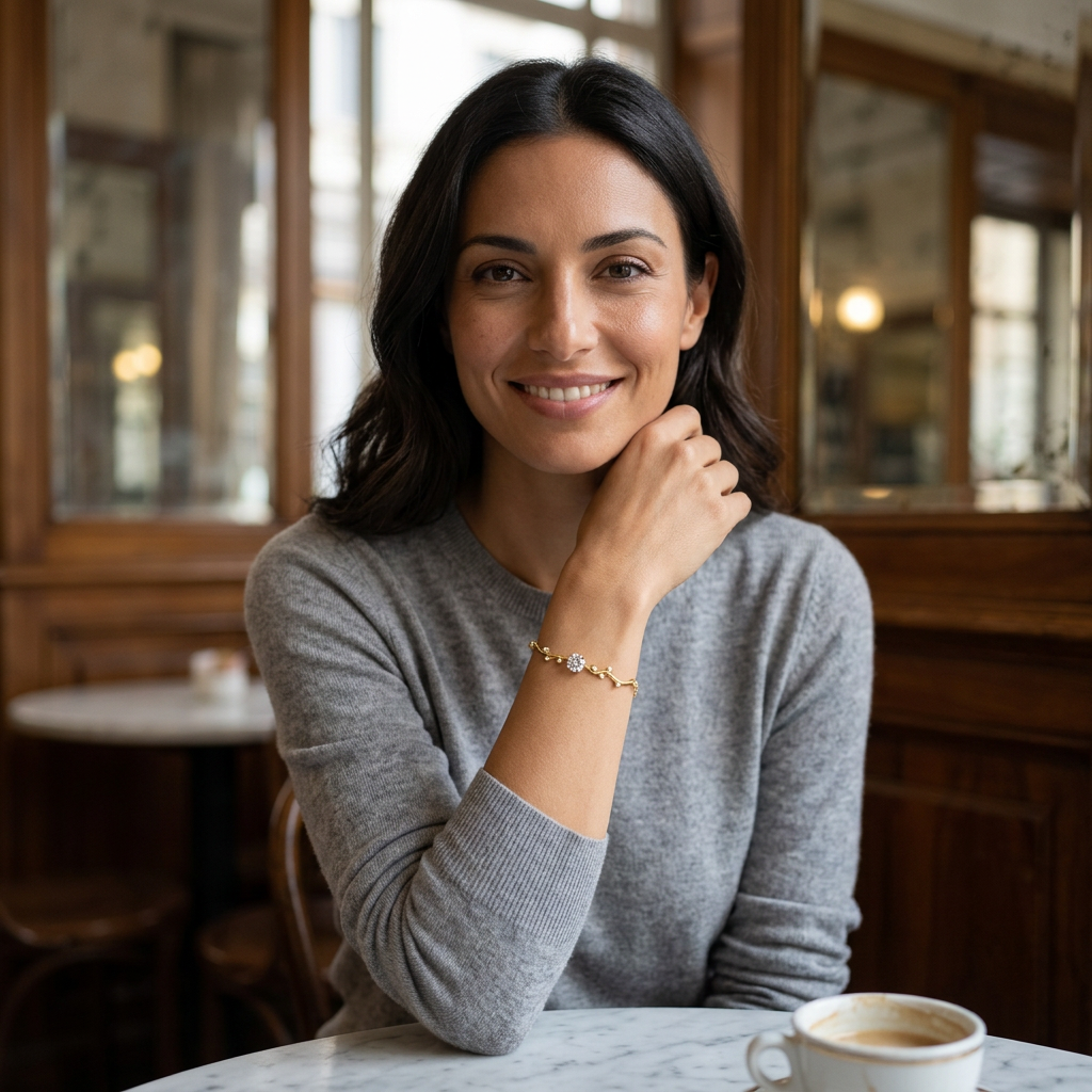 Velara Milano vine branch bracelet worn by European model, Milanese cafe setting