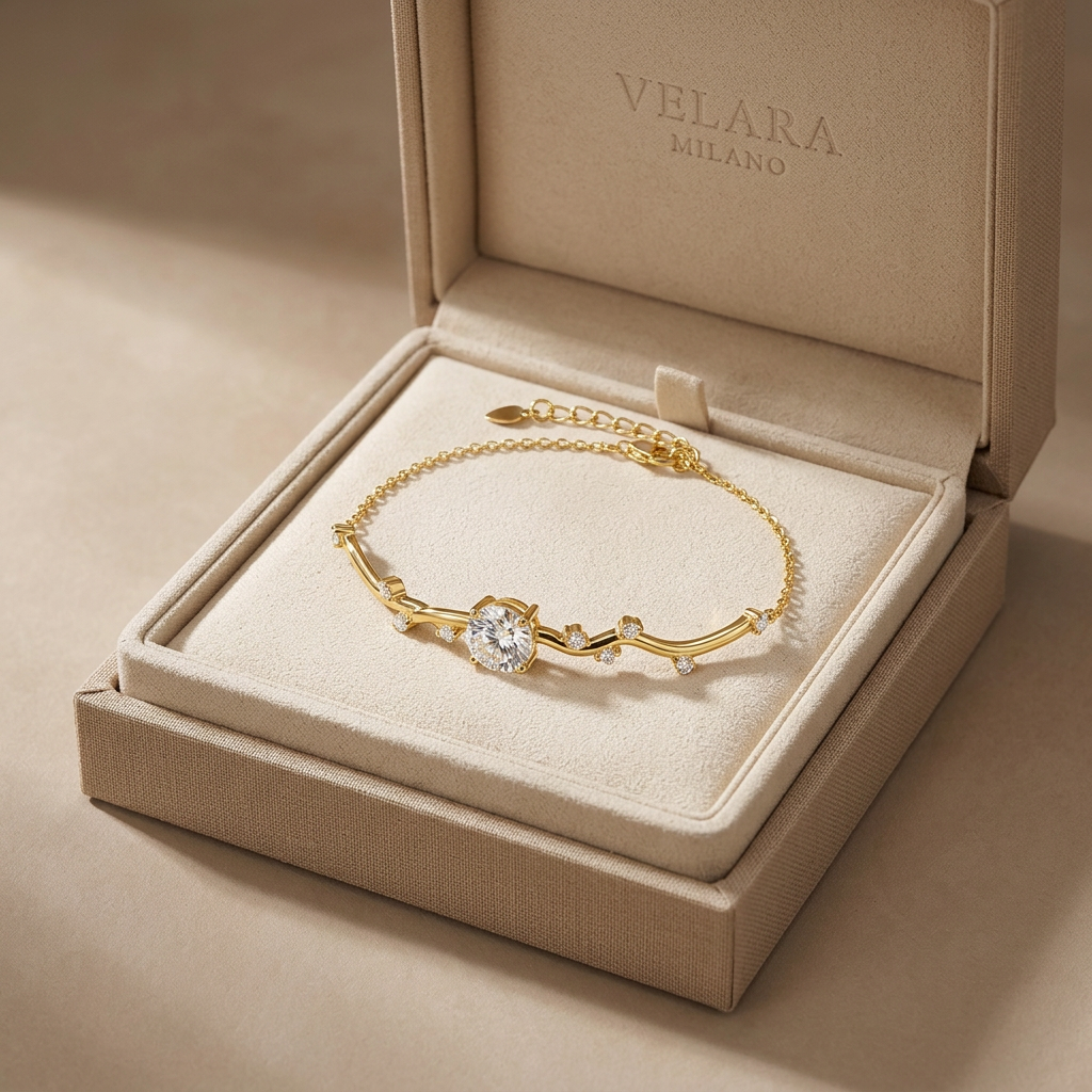 Velara Milano vine branch bracelet in beige linen jewelry box